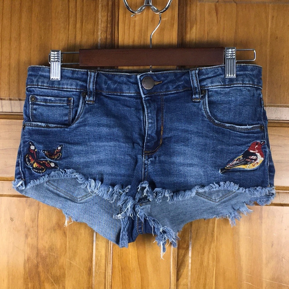 STS Blue Mini Shorts Women 27 Festival Bird Butterfly Denim Indie Boho